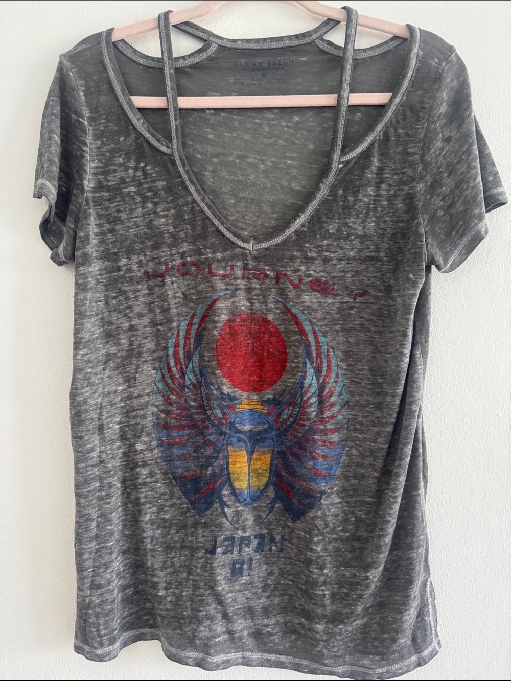 Journey-Lucky Brand Gray Burnout Short-Sleeve Tee with Red and Blue Graphic